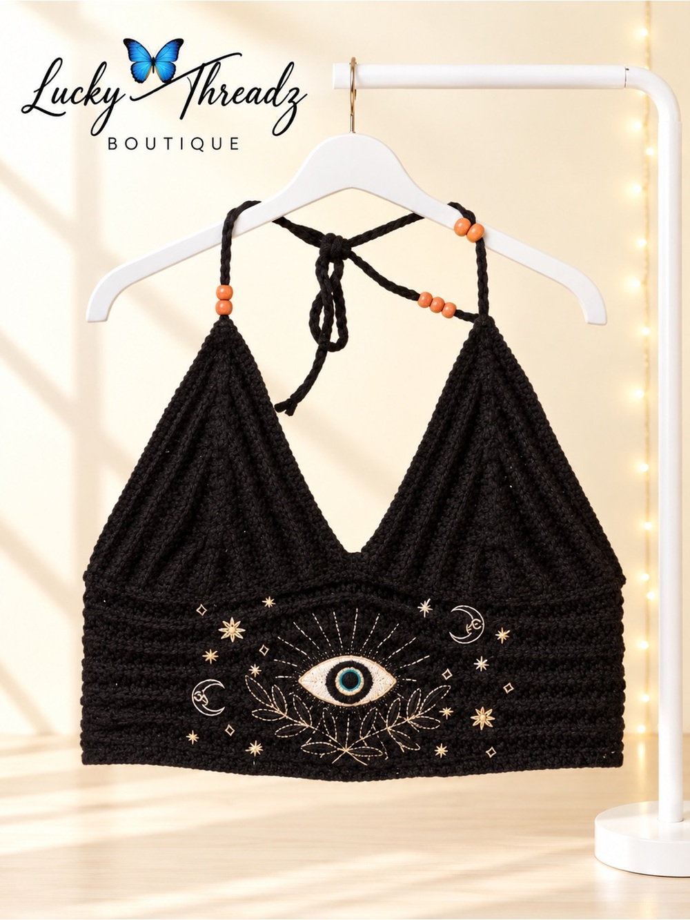 Black Crochet Celestial Evil Eye Halter Top Practical Magic Witchy Boho Small